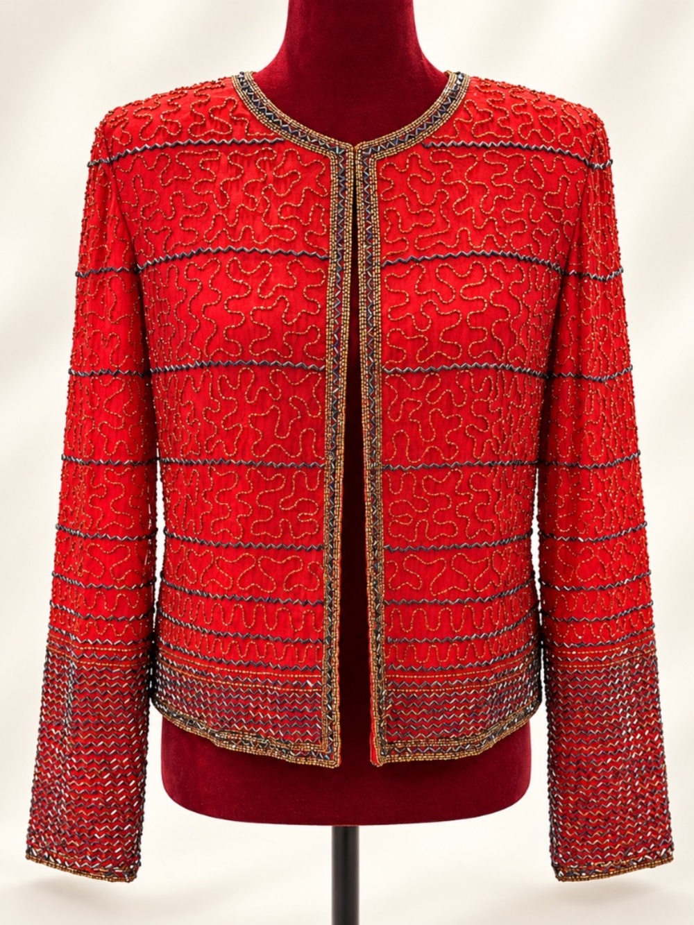 Vintage Mark & John by Gopal Red Silk Beaded Jacket Size M Gold Metallic Embelli
